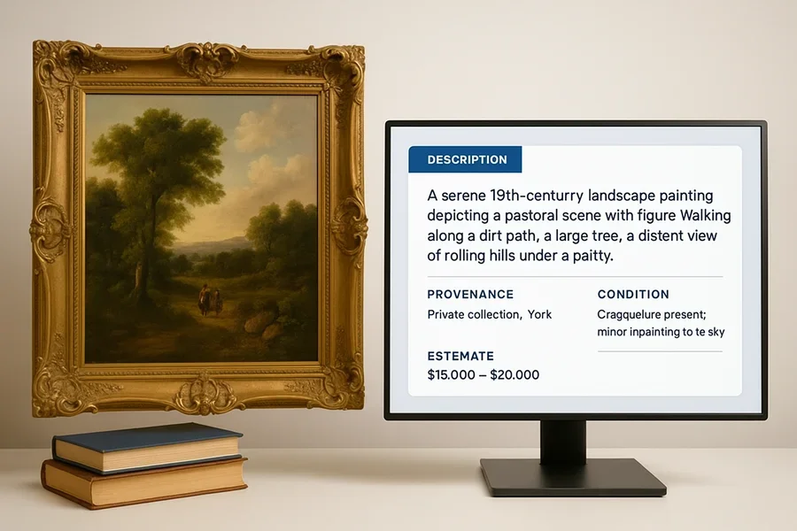 Split screen showing AI-generated catalog description alongside the original artwork being cataloged
