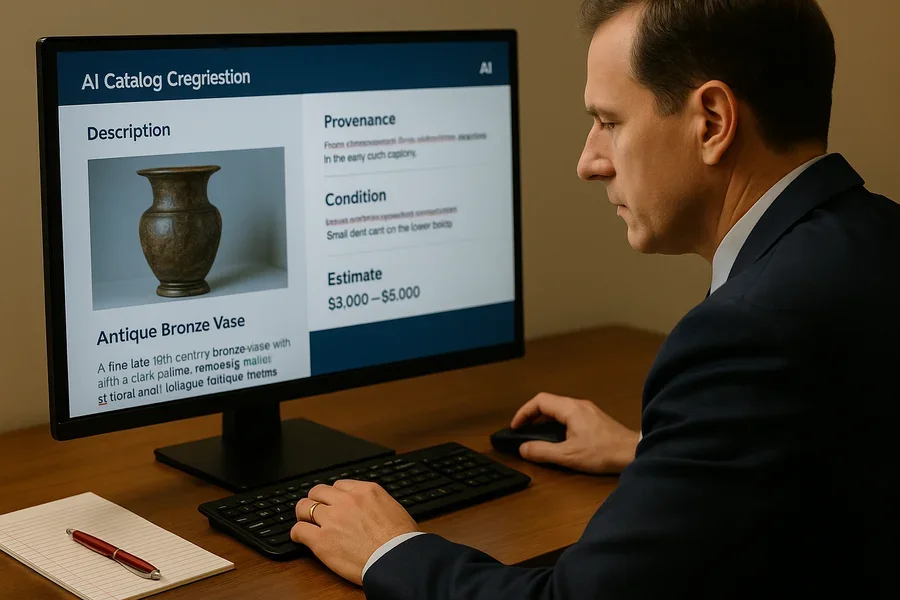 Auction expert reviewing and refining AI-generated catalog descriptions on computer screen