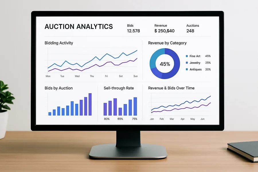 Digital analytics dashboard showing auction performance metrics