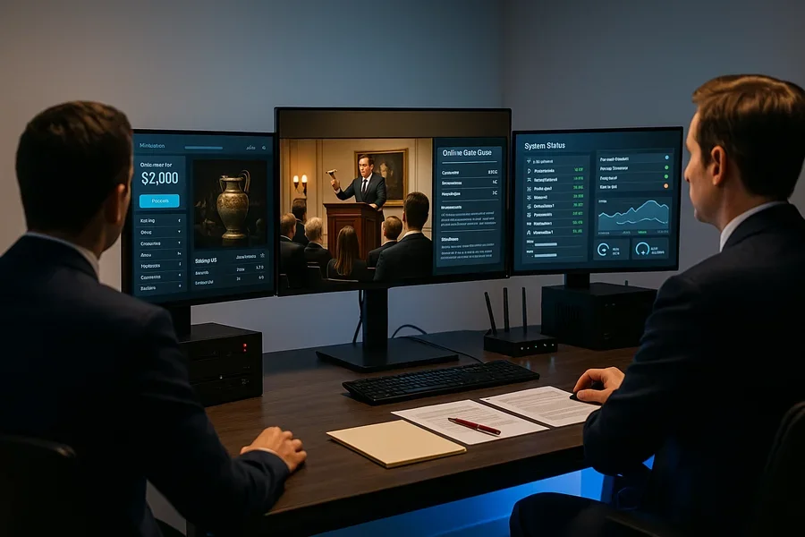 Professional auction house technical setup with multiple screens, backup systems, and control center