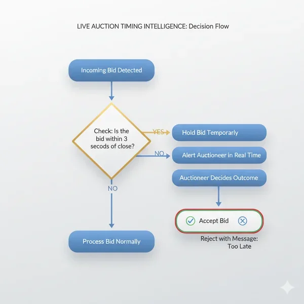 Complete timing intelligence decision flow showing bid processing and auctioneer control