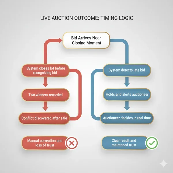 Comparison flowchart showing how proper timing logic prevents conflicts in live auctions