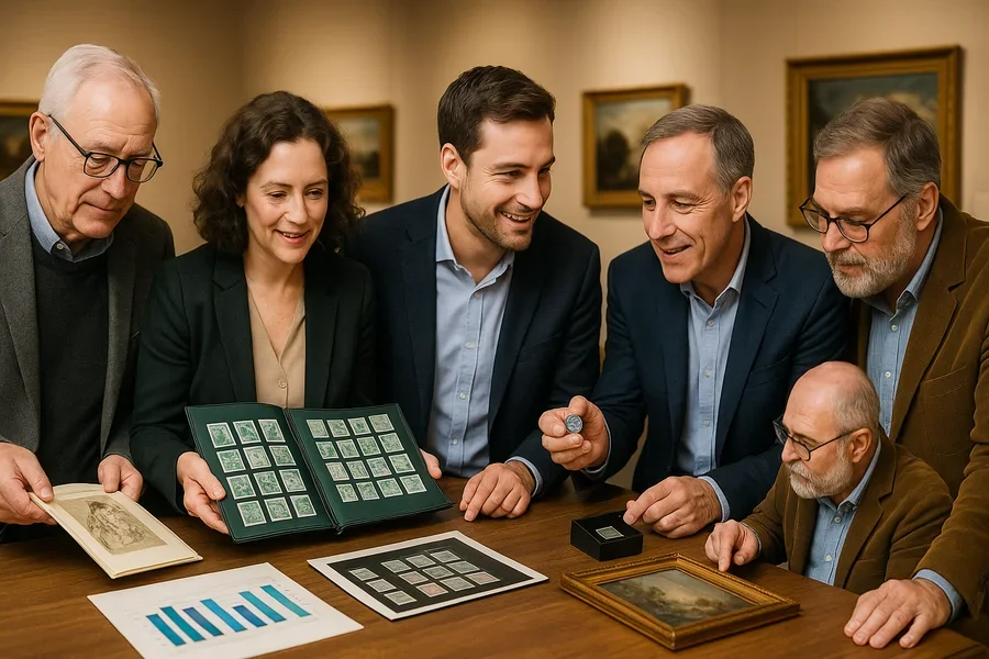 Group of collectors sharing knowledge and examining items together at an auction house
