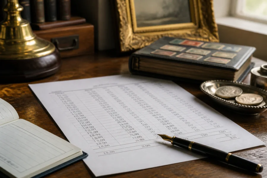 Consignor settlement statement and fountain pen on an auction house desk