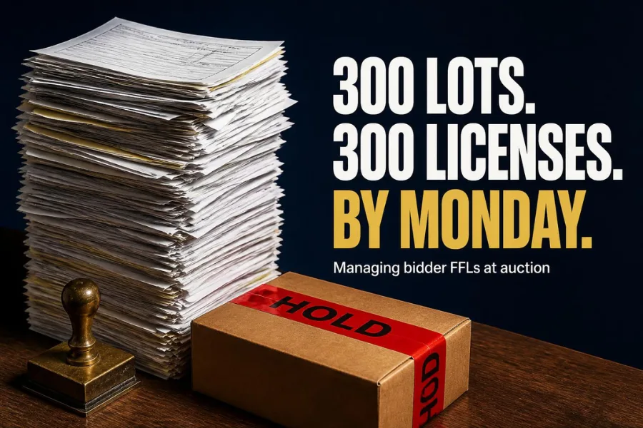 Stack of license paperwork beside a shipping box on hold