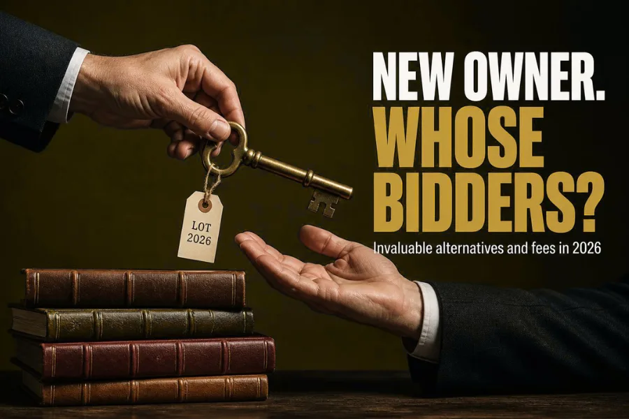 Brass key passing between two hands above auction catalogs