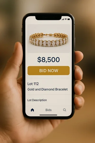 Smartphone showing optimized mobile bidding interface with large touch-friendly buttons