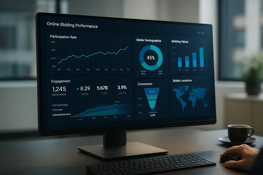 Analytics dashboard showing online bidding performance metrics and user engagement data