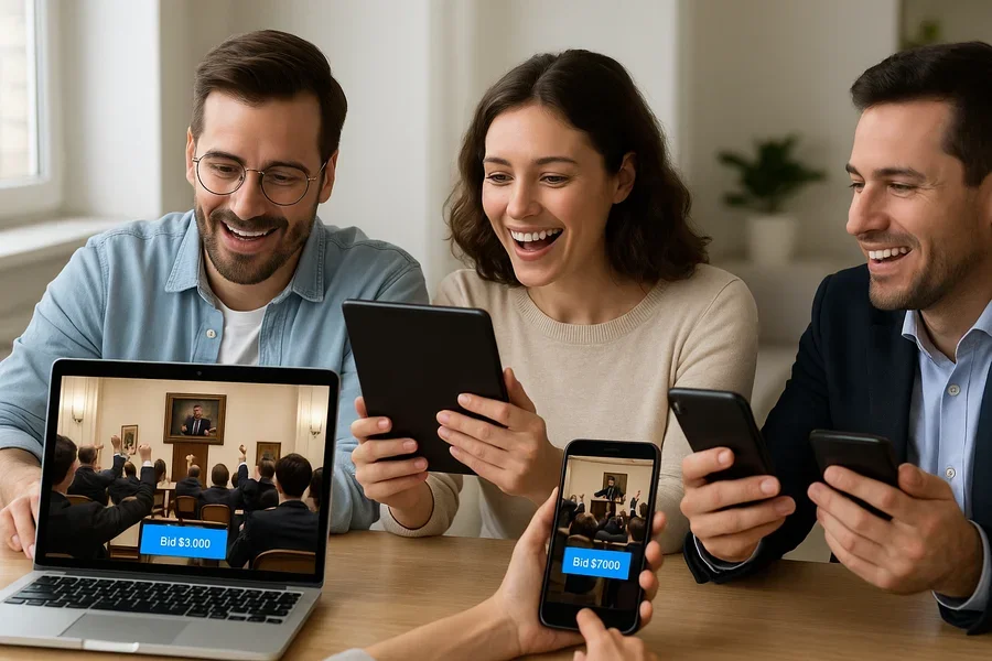 Bidders participating in live auction through mobile devices and computers