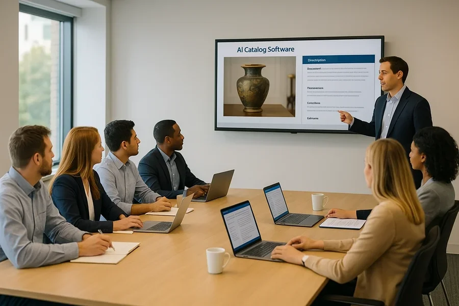 Auction house team learning to use AI catalog creation tools in training session