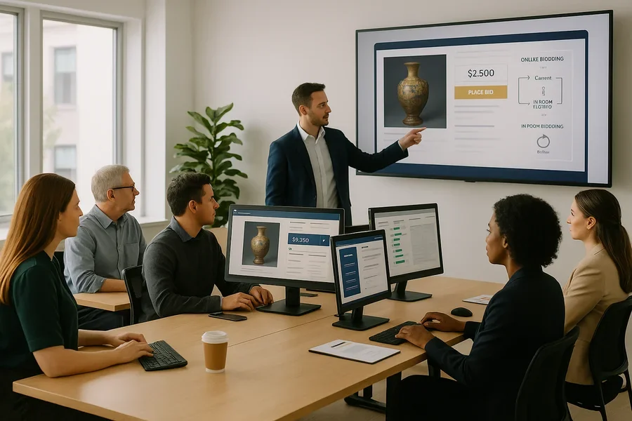 Auction house staff receiving training on online bidding platform management and customer service