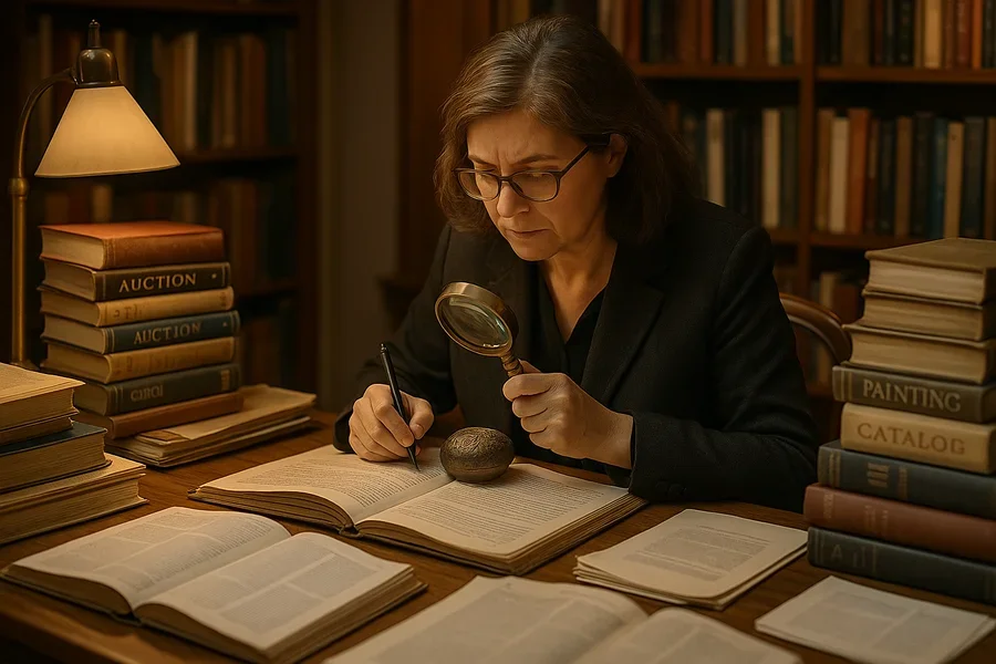 Auction house cataloger researching and writing descriptions at desk surrounded by reference books