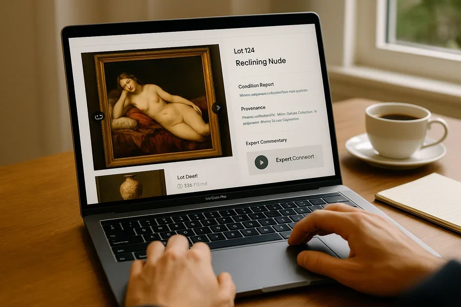 Laptop screen showing virtual auction preview with high-quality images and detailed information