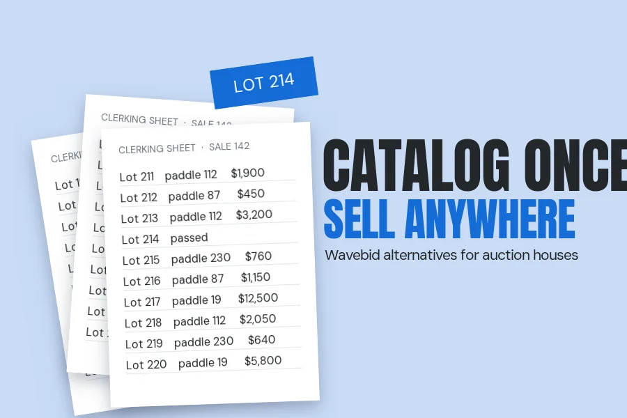 Auctioneer's gavel on a stack of clerking sheets and handwritten lot tags
