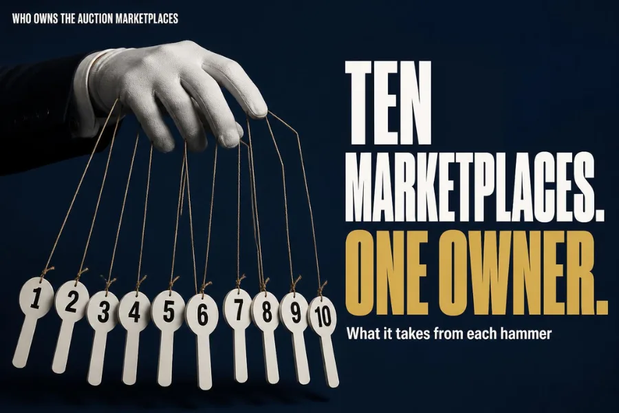 Ten auction paddles on marionette strings held by one hand